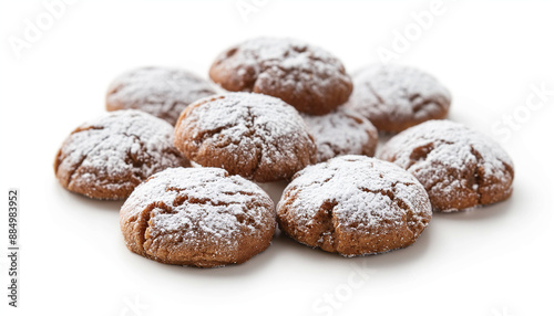 traditional German pfeffernüsse cookies, featuring small, round, spiced cookies with a powdered sugar coating, set against a clean white background