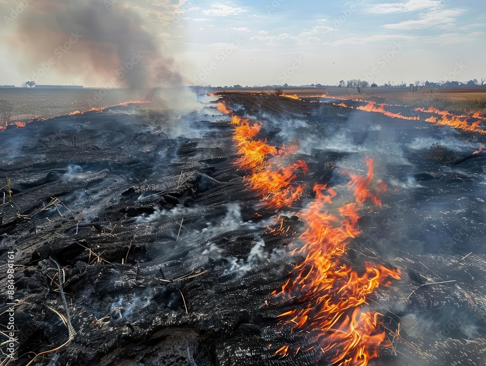 Aerial view of wildfire burning through a dry forest at sunset. Aerial view of wildfire burning through a dry forest at sunset.