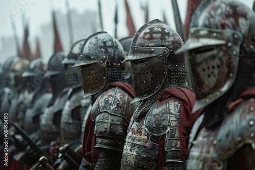 Medieval knights in armor lined up on a misty battlefield at dawn.