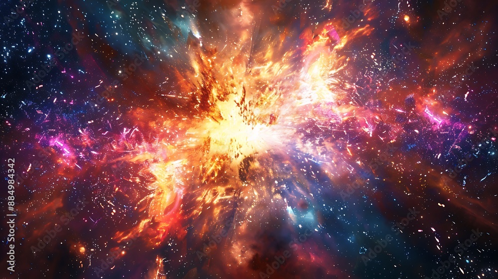 A vibrant explosion of light creating a dazzling cosmic display A vibrant explosion of light creating a dazzling cosmic display