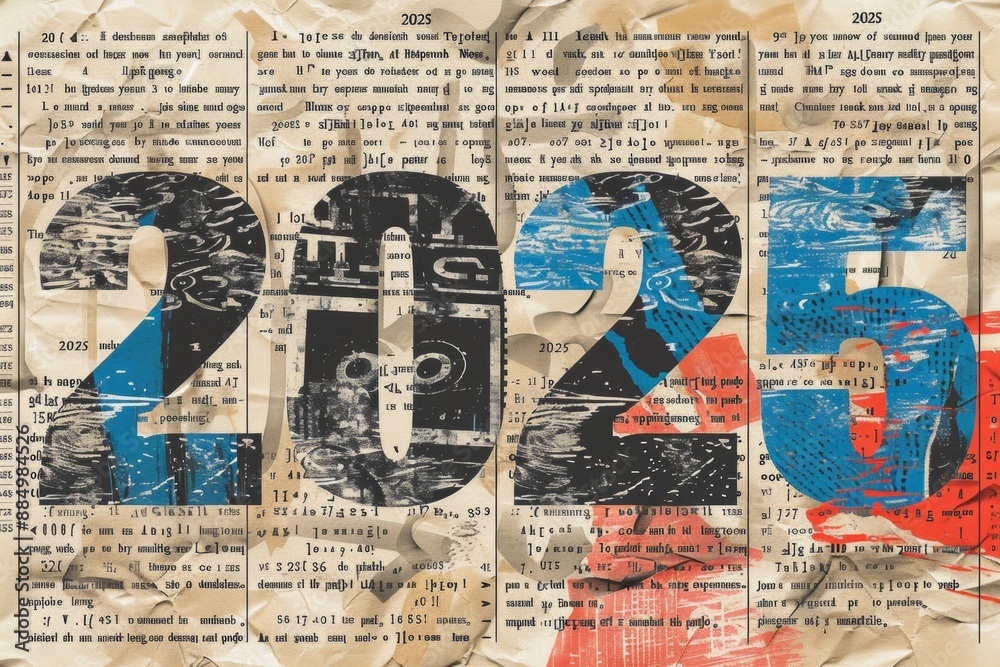 Obraz premium 2025 old newspaper background, news paper 2025 vintage greeting card, antique newsprint article
