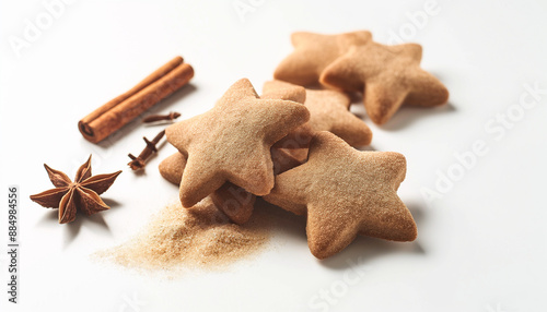 traditional Mexican biscochitos, featuring star-shaped, anise-flavored cookies with a cinnamon-sugar coating, set against a clean white background photo