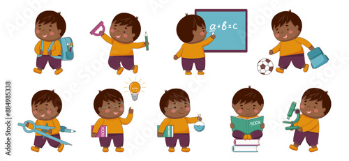 Childrens school collection. Set of black skin schoolboys with school elements isolated on white. Back to school concept. Children supplies cute.