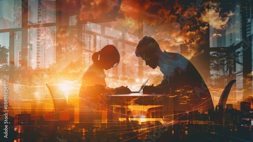 Double exposure photo, silhouette of student and parent working hard to the bone close up, focus on, copy space vivid hues Double exposure silhouette with perseverance