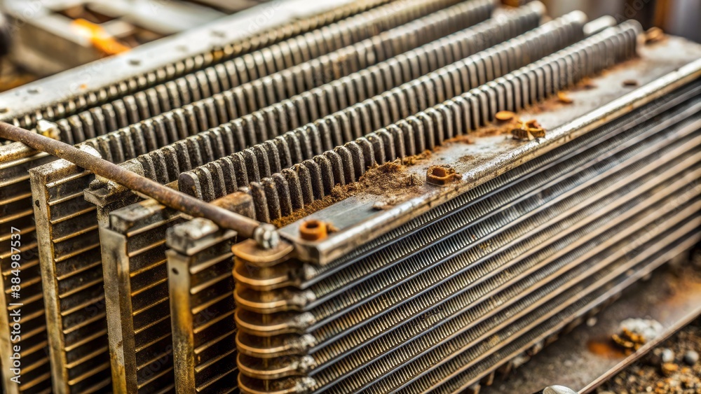 Dusty, corroded metal fins and twisted tubes of a neglected computer ...