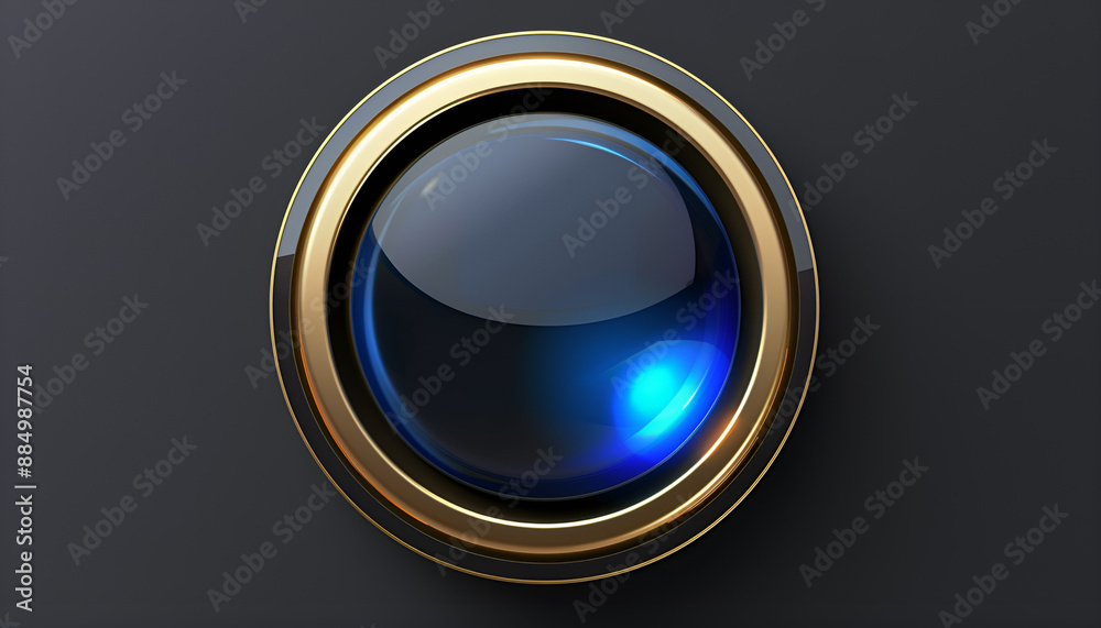 Circle realistic glossy blue button, golden ring, icon isolated. Metal, technology Ui for interface apps Circle realistic glossy blue button, golden ring, icon isolated. Metal, technology Ui for interface apps