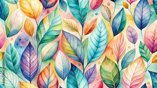 Vibrant watercolor leaves with delicate veins and subtle texture, perfect as a mesmerizing seamless wallpaper, mid-century modern aesthetic.