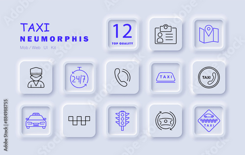 Taxi set icon. Map, 24 7, car, traffic light, sign, driver, phone, service, fare, location, customer, call, transport, cab, vehicle, hire, travel, ride, passenger.