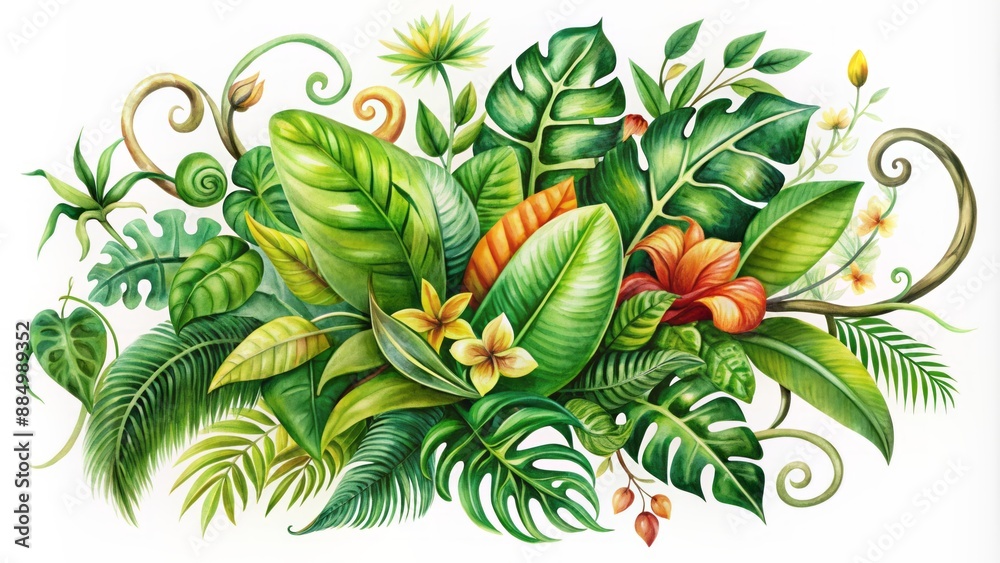 Fototapeta premium Vibrant, intricate, and colorful watercolor illustration of various liana vine plants on white background, perfect for realistic jungle designs.