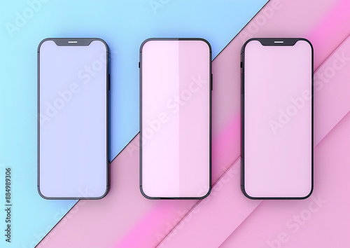 Collection of blank smartphone screens, social media stories, pastel background, minimalist layout photo