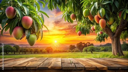 Ripe mango fruit hangs from lush green tree branches, set against a warm sunset backdrop, adjacent to a rustic wooden table, at a serene organic farm.