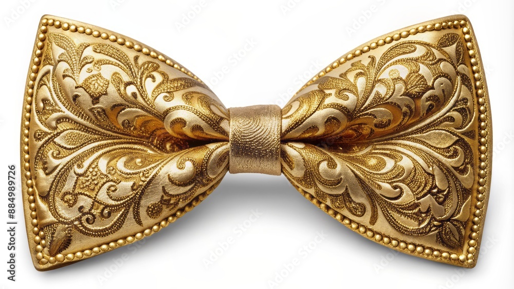 Obraz premium Luxurious golden bow tie ribbon isolated on pure white clean background with delicate intricate details and soft subtle shading.