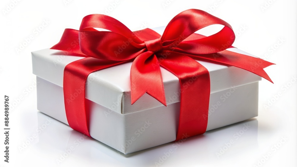 Elegant white gift box adorned with a vibrant red ribbon bow, perfectly positioned on a pristine white background. Elegant white gift box adorned with a vibrant red ribbon bow, perfectly positioned on a pristine white background.