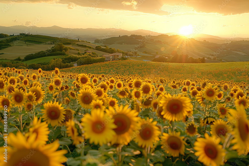 Fototapeta premium A breathtaking view of the sun setting over an endless field of golden-hued, focus on blooming sunflowers, with rolling hills in the background, creating an enchanting atmosphere of warm memories. 