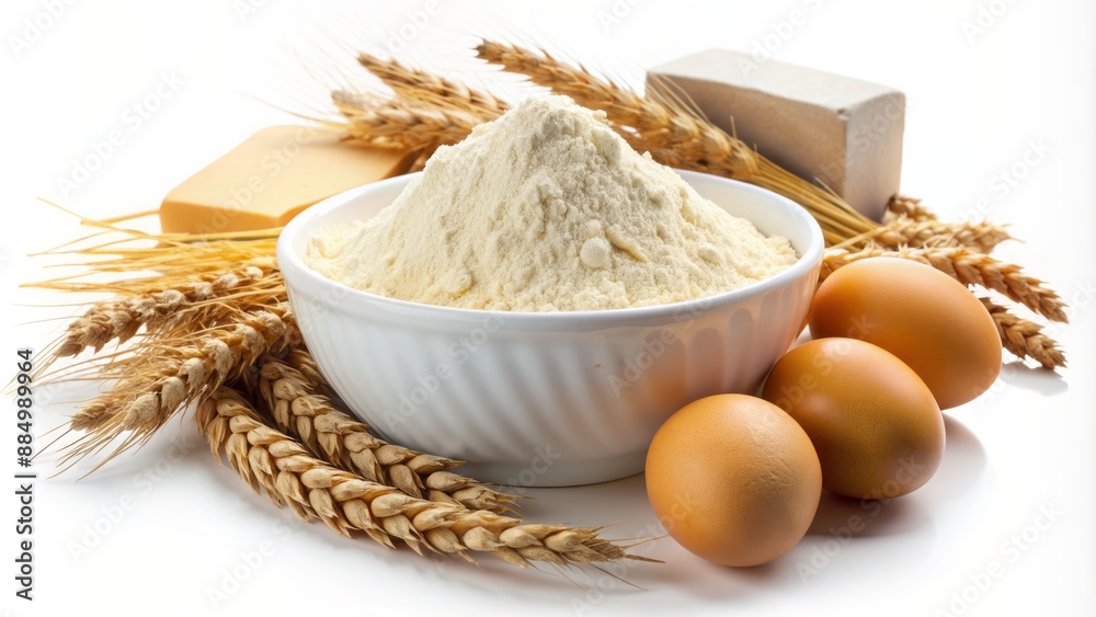 Freshly baked ingredients on display, featuring a bowl of flour, surrounded by spikelets, eggs, and butter on a pristine white backdrop.