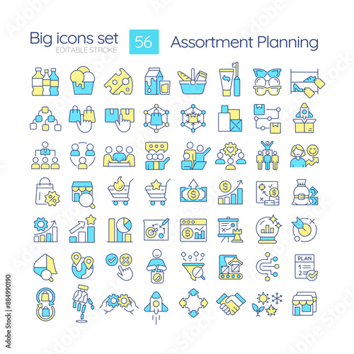 Assortment planning RGB color icons set. Marketing strategy. Merchandise management. Retail business. Consumers. Isolated vector illustrations. Simple filled line drawings collection. Editable stroke