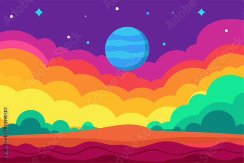 Colorful landscape with a planet in the sky cartoon illustration