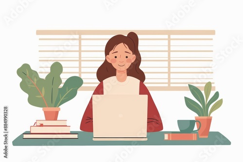 A girl is sitting at the laptop and working on it, flat design illustration with white background, simple style, vector graphic in a pastel color scheme