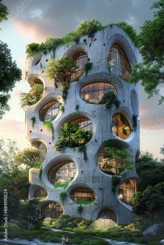 Futuristic ecofriendly building, sustainable design, and green architecture