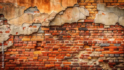 Aged, worn, distressed old red brick wall with cracks, crumbling mortar, and faded color, perfect for texture or background use. photo