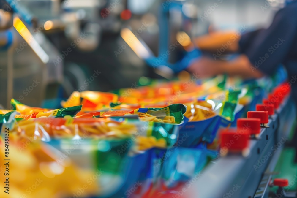 Obraz premium Close-up of chips bags on conveyor belt in food processing factory with workers in background. Food production, automated manufacturing, snack industry, quality control, industrial automation.