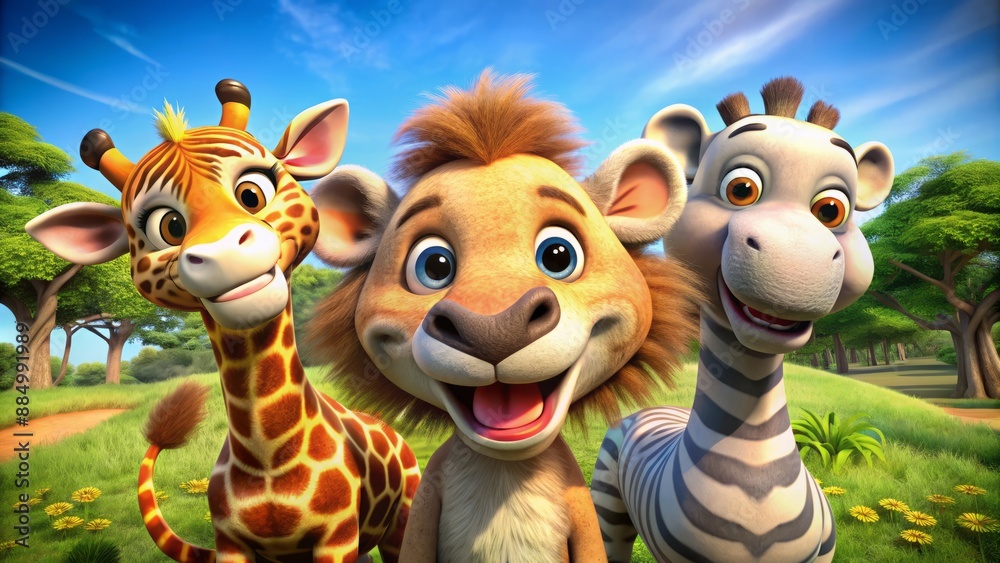 Fototapeta Adorable trio of 3D animals pose for camera with bright smiles against realistic safari zoo wildlife background, captured with ultra wide angle lens in vibrant colors.