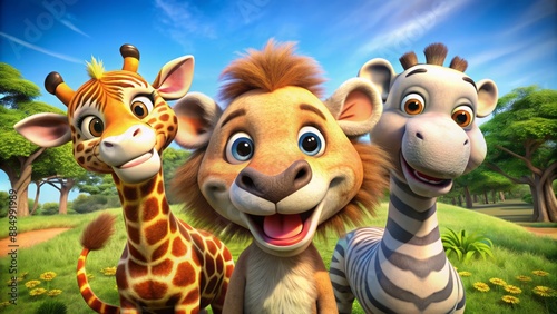 Fototapeta Naklejka Na Ścianę i Meble -  Adorable trio of 3D animals pose for camera with bright smiles against realistic safari zoo wildlife background, captured with ultra wide angle lens in vibrant colors.