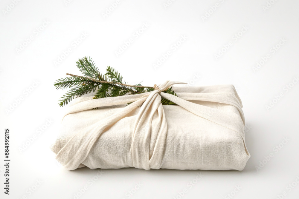Eco-friendly Christmas gift wrapped in fabric with an evergreen sprig, set against a minimalist white background. Perfect for sustainable holiday wrapping ideas and green living inspiration Eco-friendly Christmas gift wrapped in fabric with an evergreen sprig, set against a minimalist white background. Perfect for sustainable holiday wrapping ideas and green living inspiration