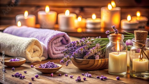 Serene spa ambiance with lavender petals, candles, and soft linen, featuring elegant massage oil and lotions on a plush treatment table, exuding relaxation. photo