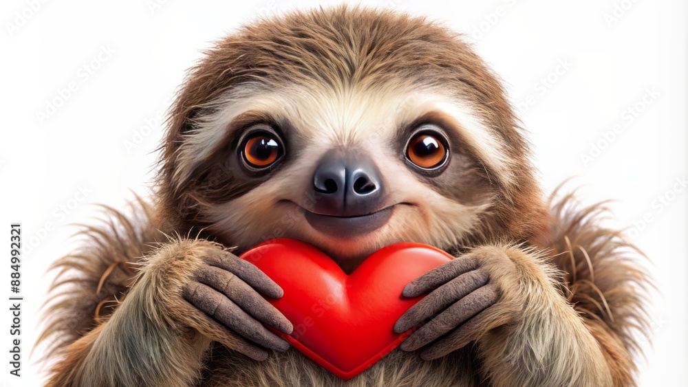 Fototapeta premium Adorable sloth clutches bright red heart with tiny claws on transparent background, exuding innocence and gentle affection, perfect for Valentine's.
