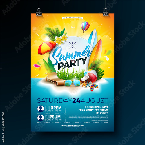 Vector Summer Beach Party Flyer Design with Flower and Typography Letter on Blue and Yellow Ocean Landscape Background. Summer Nature Floral Elements, Tropical Plants, Beach Ball, Surf Board and