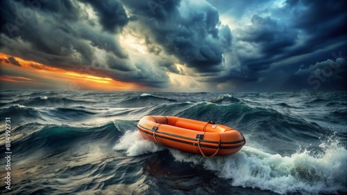 Dramatic sunset illuminates a weathered, empty orange life raft adrift on turbulent dark waves, conveying abandonment and desperate hope.
