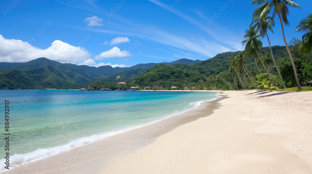Stunning tropical beach featuring clear blue water, white sandy shores, and tall palm trees, with lush green mountains in the background Stunning tropical beach featuring clear blue water, white sandy shores, and tall palm trees, with lush green mountains in the background