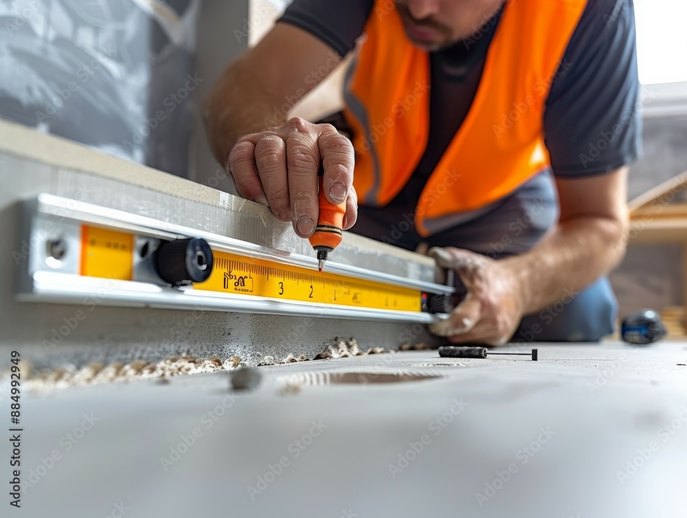 A close-up of a worker using a level to ensure a newly installed bathroom vanity sits perfectly straight A close-up of a worker using a level to ensure a newly installed bathroom vanity sits perfectly straight