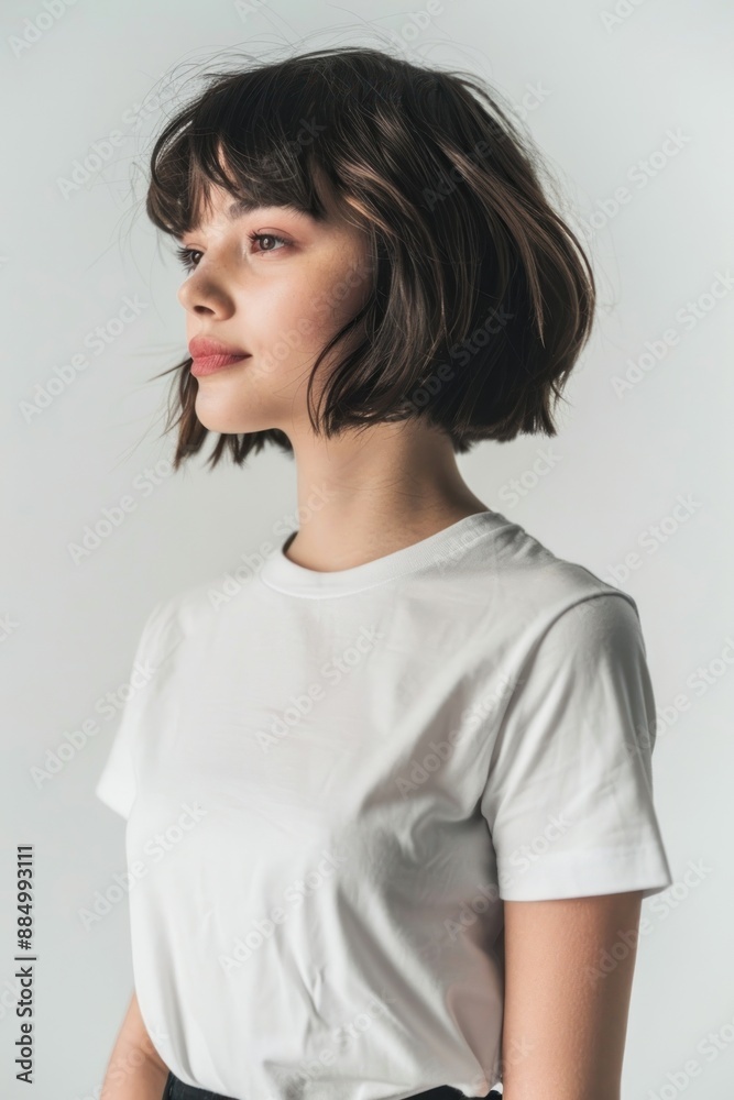 Young woman wears blank white t shirt mockup photography hair face. Young woman wears blank white t shirt mockup photography hair face.