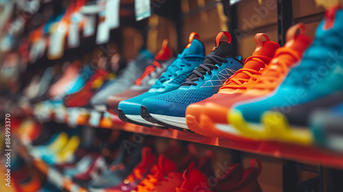 Running sport footwear shoes collection in a store shop. Choosing from many different sneakers on a shelf