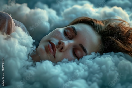 A woman is sleeping in a cloud of white fluffy cotton. The clouds are so thick that they almost cover her entire body. The scene is peaceful and serene, with the woman's face resting