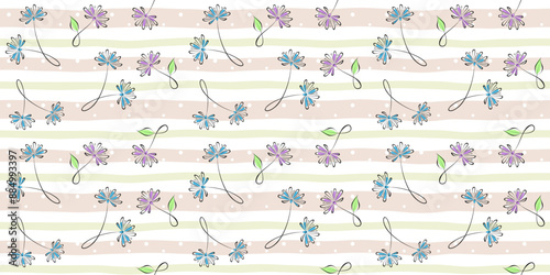 Beautiful summer or spring flowers on a soft striped background with dots. Abstract floral endless texture. Vector seamless pattern for wrapping paper, giftwrap, surface texture or printing on clothes