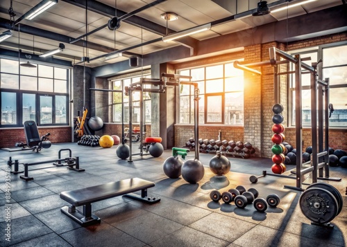 Empty modern gym with various exercise equipment, dumbbells, and kettlebells scattered around, conveying a sense of intense workout session recently concluded. photo