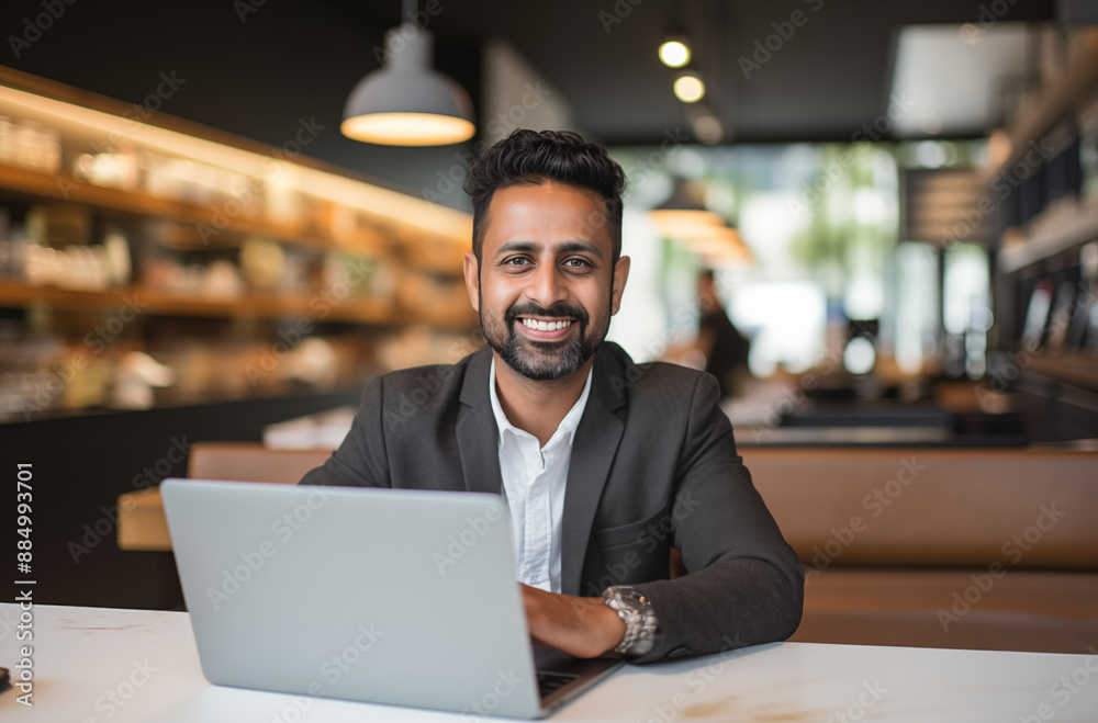 Fototapeta premium Confident Businessman Smiling While Working On A Laptop In A Modern Coffee Shop With A Bright Atmosphere
