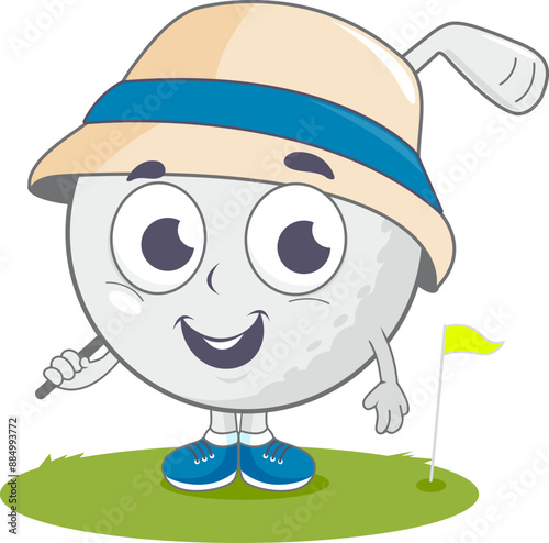 Golf ball cartoon golfer character with golf stick. Mascot golf ball at the golf course holding a golf club. Vector illustration