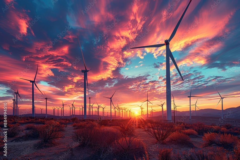 Obraz premium A wind farm with numerous turbines set against a sunset sky, symbolizing renewable energy.