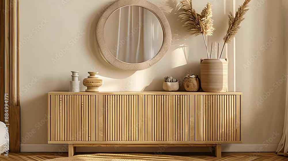 Wooden cabinet with decorative items in modern room