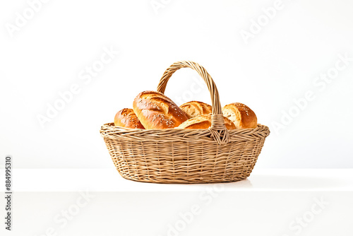 Wicker Basket Filled with Bread Rolls on White Background