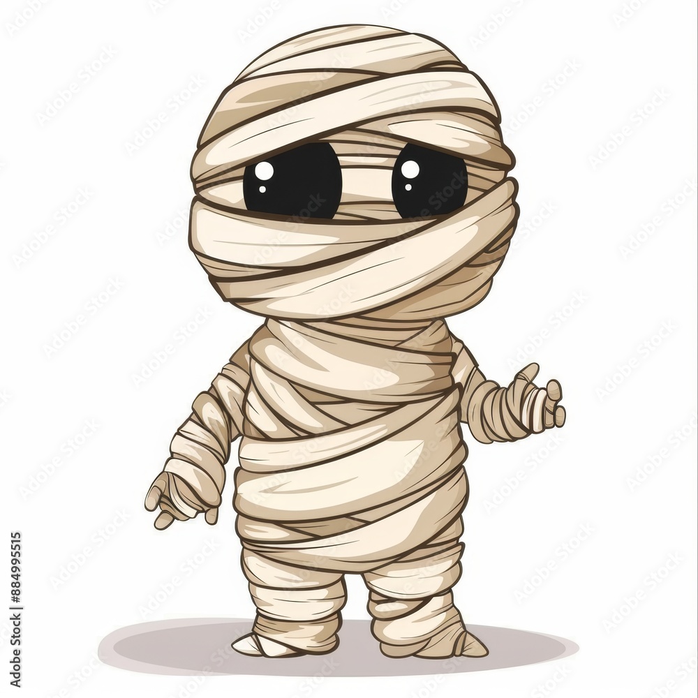 Fototapeta premium Cute Cartoon Mummy Clipart for Halloween with White Bandages Isolated on White Background