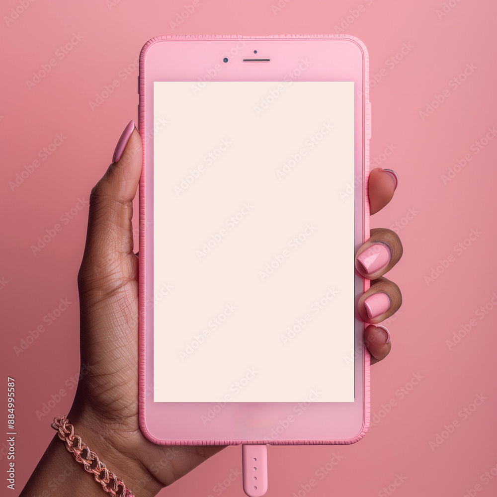 Pink Tablet E-reader Held by Black Woman's Hands with Pink Manicured Nails and Pink Background Pink Tablet E-reader Held by Black Woman's Hands with Pink Manicured Nails and Pink Background