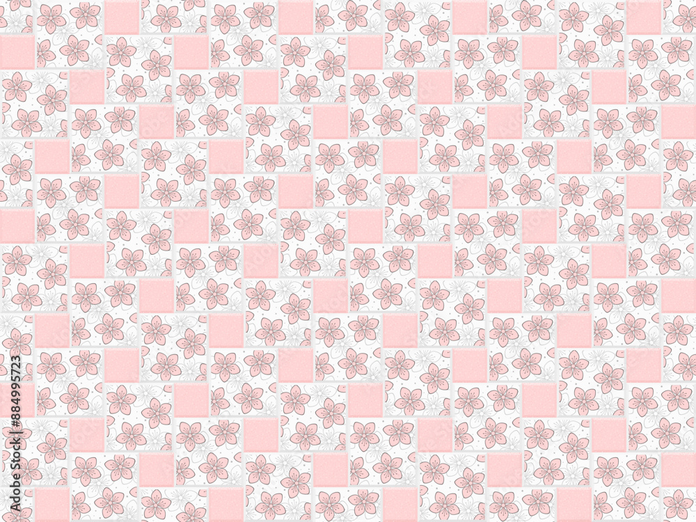 Background of white square tiles with spring flowers and small pink tiles. Ceramic tiles. Elegant endless texture with floral decor. Vector seamless pattern for surface texture, floor and kitchen wall Background of white square tiles with spring flowers and small pink tiles. Ceramic tiles. Elegant endless texture with floral decor. Vector seamless pattern for surface texture, floor and kitchen wall