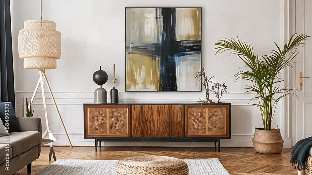 Scandinavian and design home interior of living room with wooden commode, design black lamp, rattan basket, plants and elegant accessories. Stylish home decor. Template
