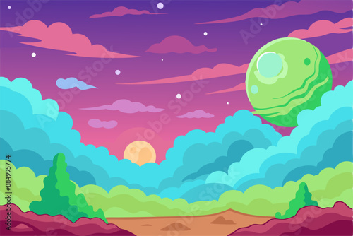 The cartoon landscape features a green planet in the sky