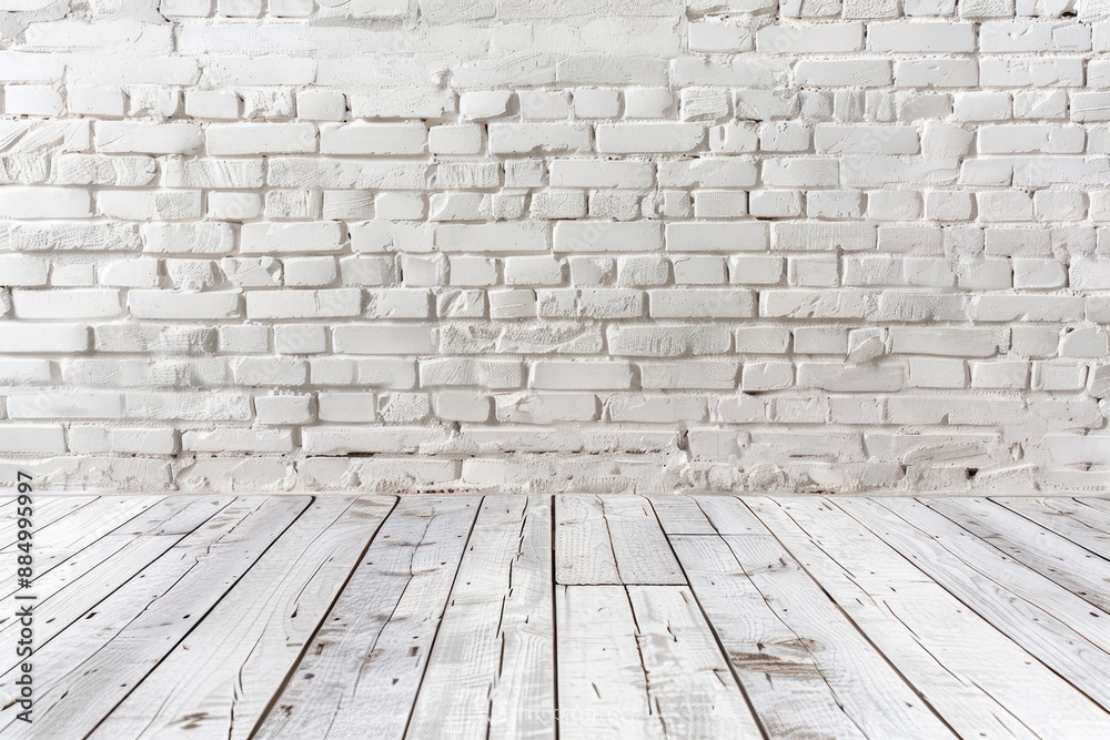 Fototapeta premium Old white brick wall and wooden floor with copy space for your text